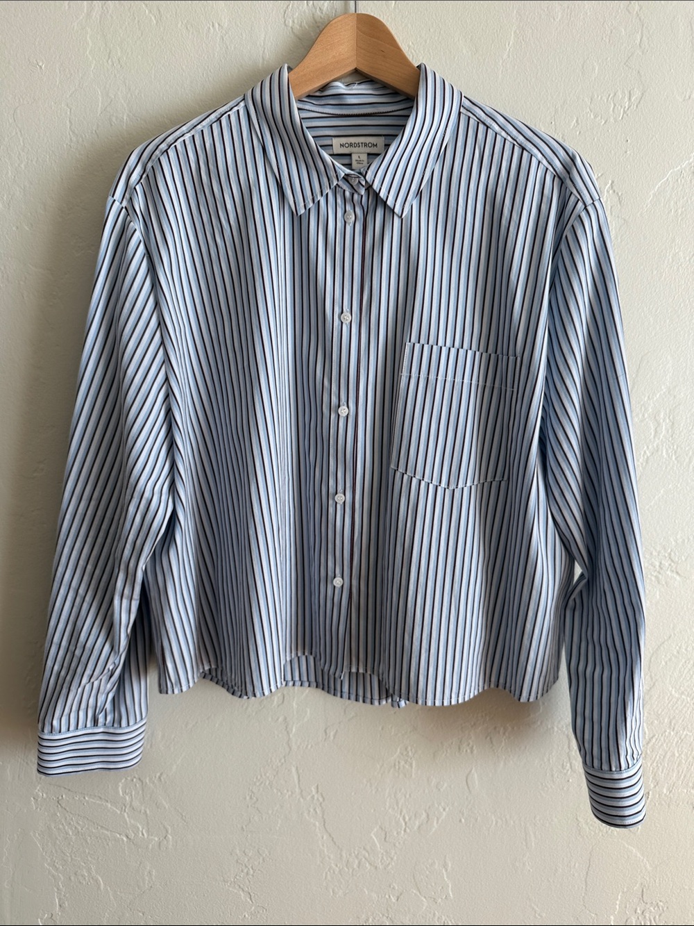 Nordstrom Light Blue, Brown, and White Vertical Stripe Cropped Button-Down Shirt
